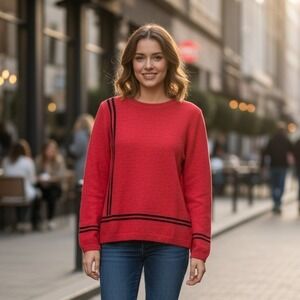 Willow Sweater Womens‎ Size M Red Cotton Knit with Black Stripes Preppy Holiday